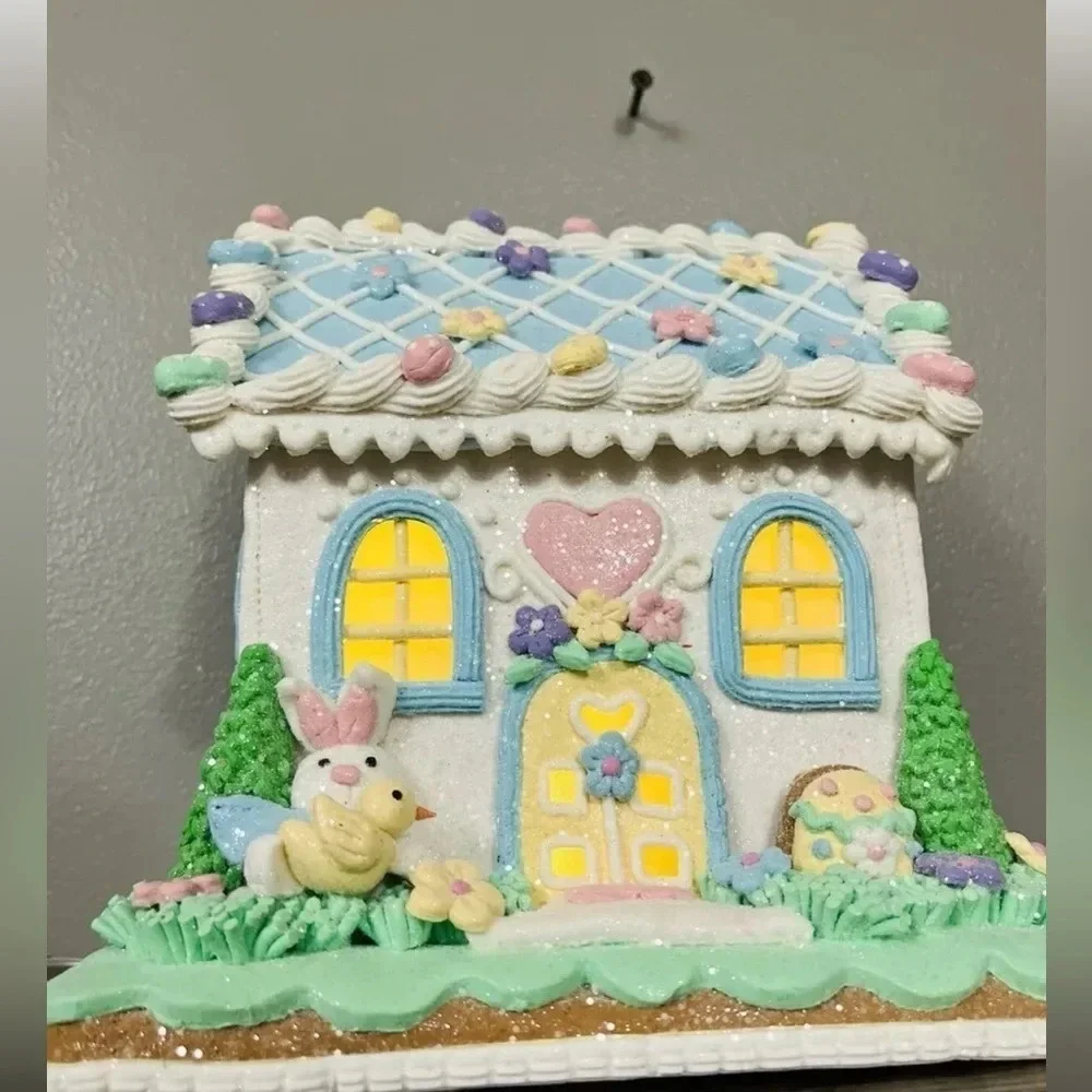 Easter Gingerbread Cookie House LED Light-Up Tabletop Decor Pastel NWT